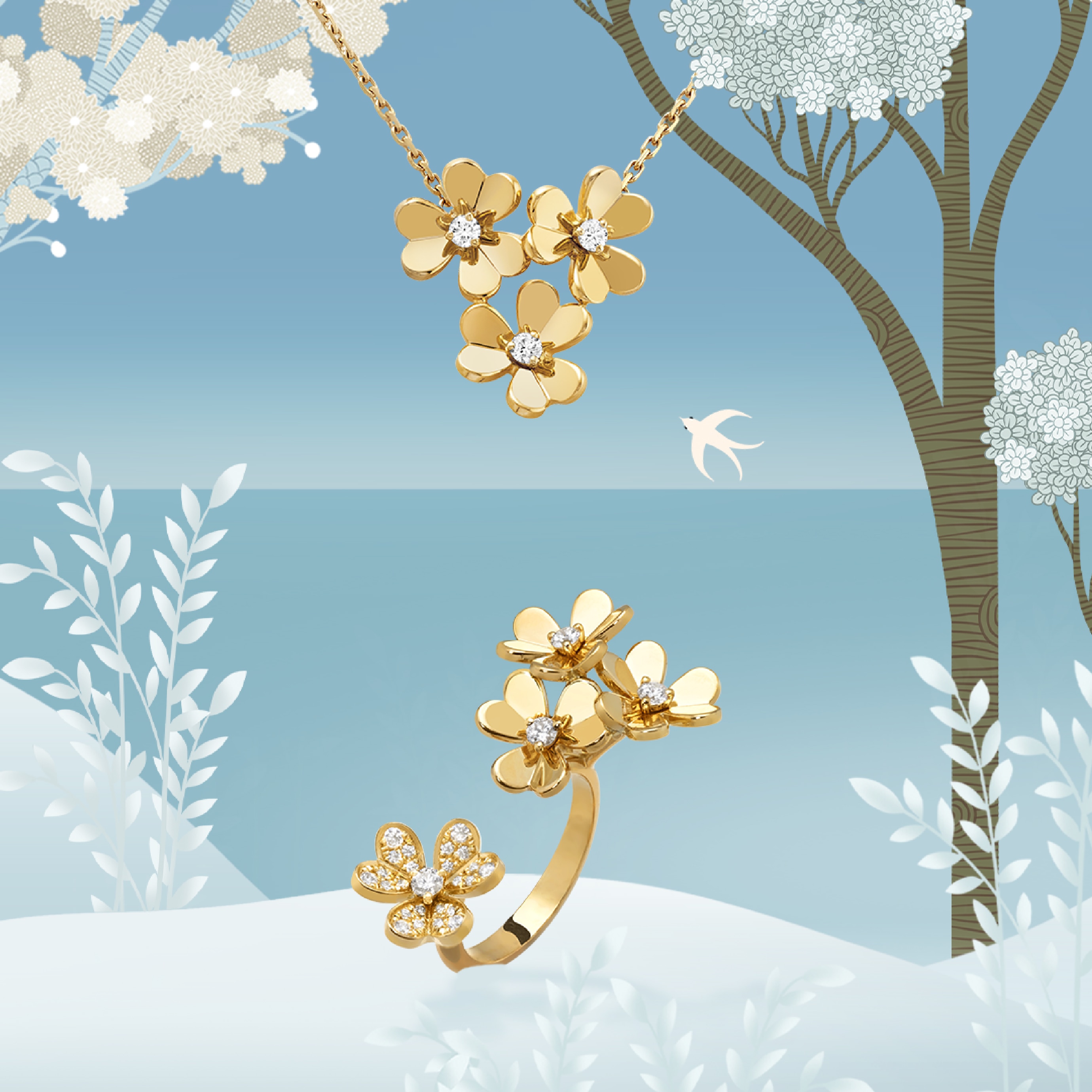 Frivole® Between the Finger Rings™, Frivole® 3 flowers pendant, yellow gold, diamonds. Frivole® collection, Van Cleef & Arpels.