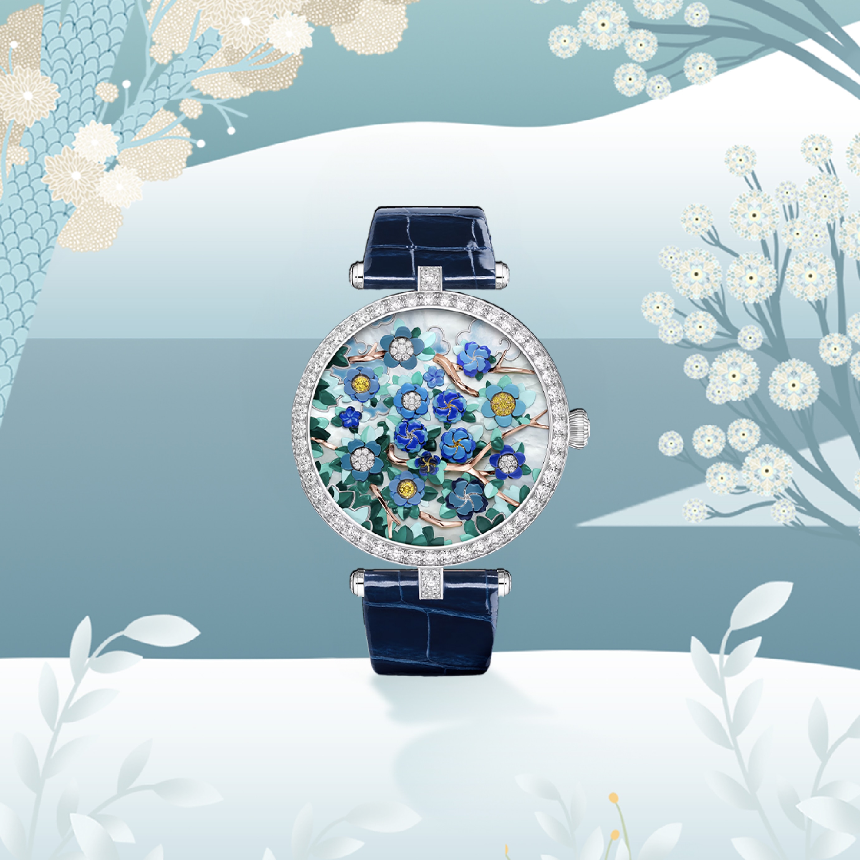 Lady Arpels Heures Florales® watch, 18K white gold, rose gold, white and yellow diamonds, white mother-of-pearl, miniature painting, self-winding mechanical movement equipped with a flower-opening module for the hours and lateral minutes display. Poetic Complications® collections, Van Cleef & Arpels.