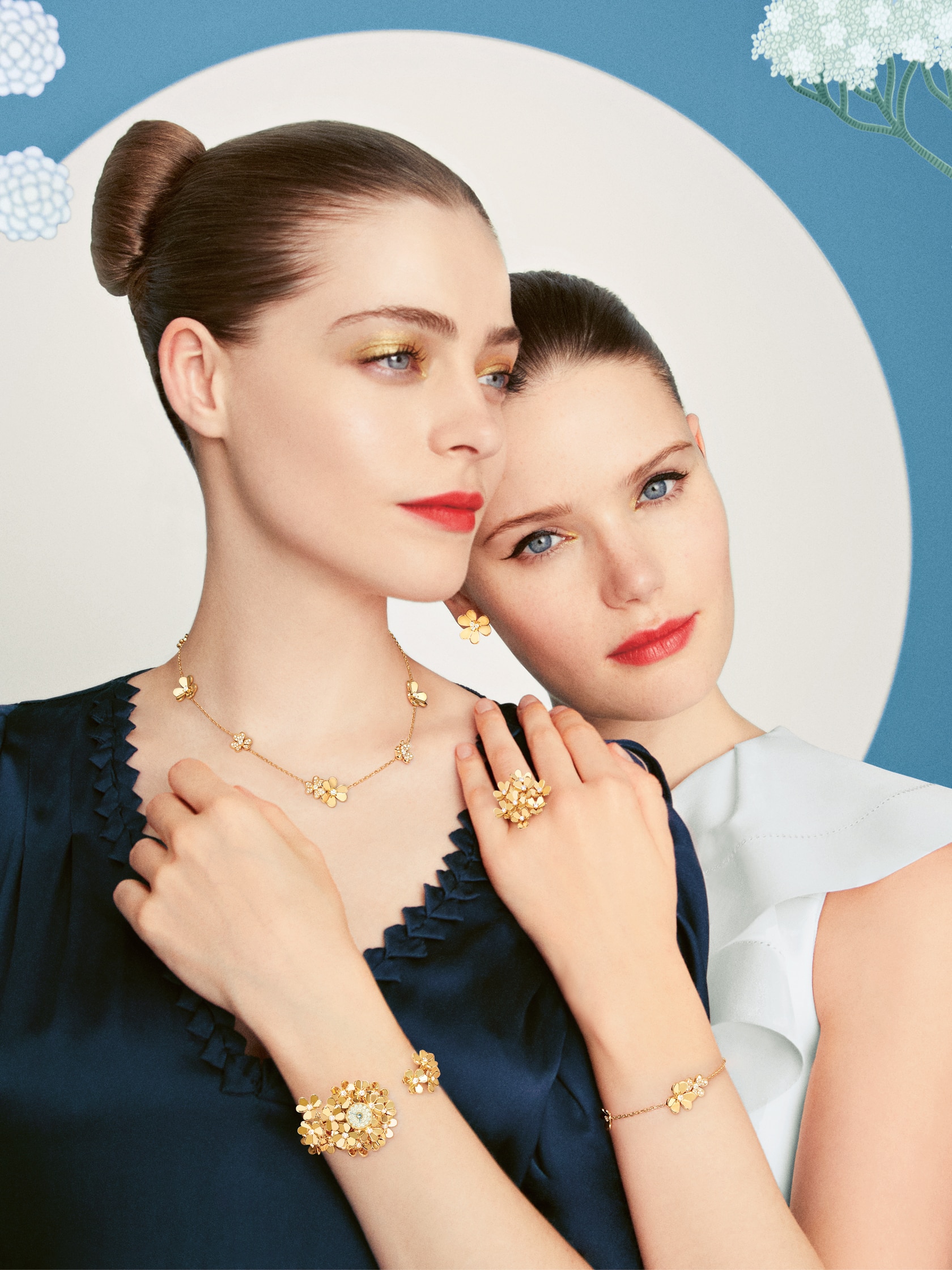 Frivole® necklace, 9 flowers, Frivole® ring, 8 flowers, Frivole® bracelet, 5 flowers, Frivole® ring, 18K yellow gold, diamonds. Frivole® Secrète watch, small model, yellow gold, diamonds, Swiss quartz movement. Frivole® collection, Van Cleef & Arpels.